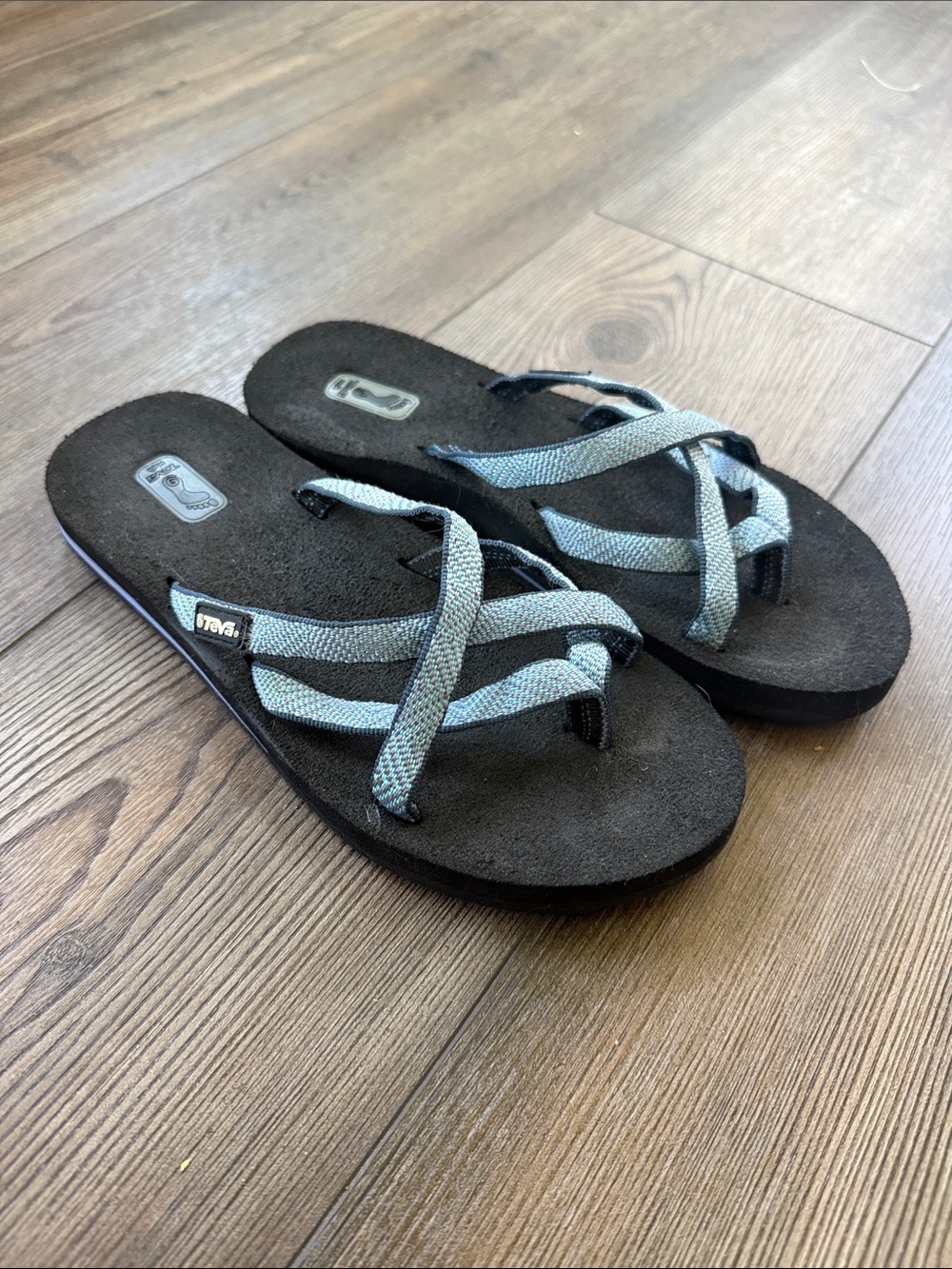 Teva Women's Black Flip Sandals with Light Blue Straps